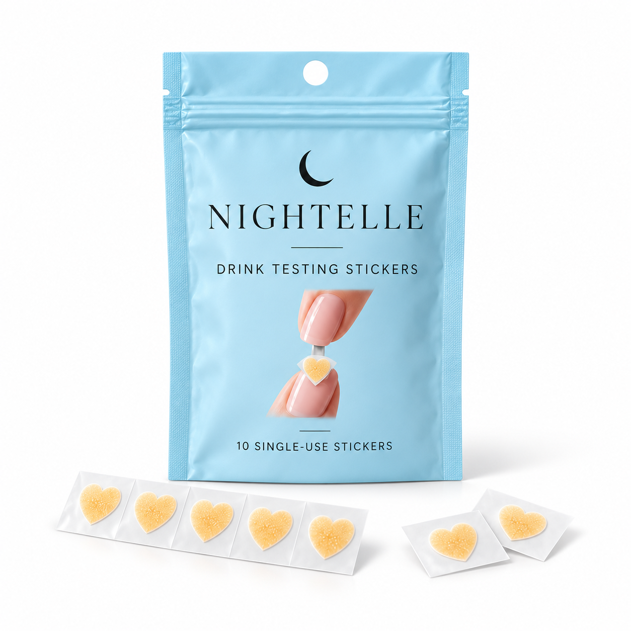 Nightelle drink testing stickers in an ice-blue pouch